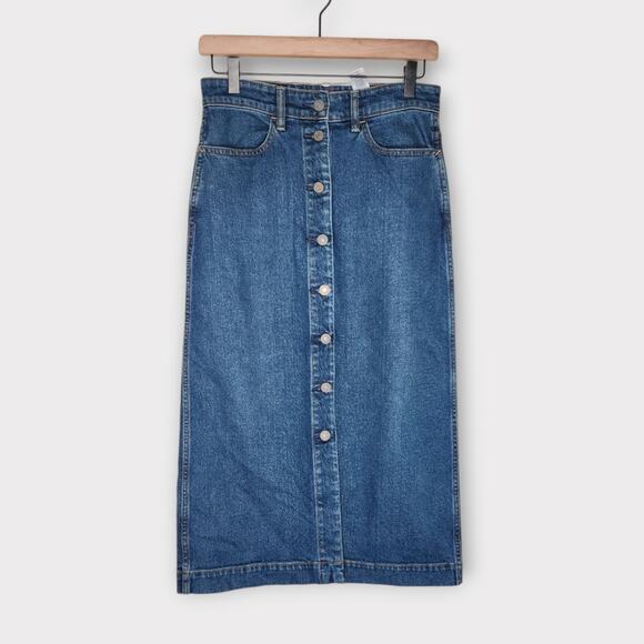 Faherty Womens Button Front Denim Pencil Midi Skirt Blue Jean 26 Classic Fit - Picture 2 of 7